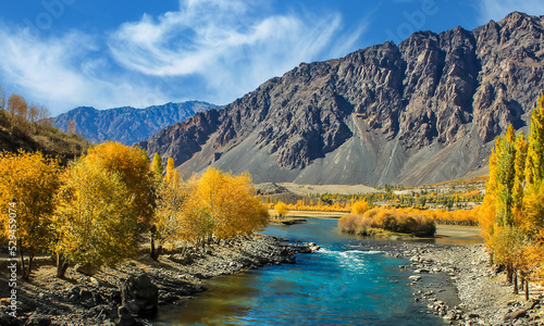 Autumn landscape in the mountains in the Ghizer district of Gilgit-Baltistan region of Pakistan photo