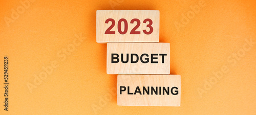 Wooden blocks 2023, budget, planning. Financial management in company. Setting goal, target. Plans and tasks. Business and finance concept