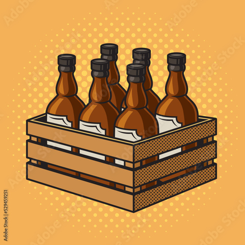 bottles of wine in a wooden box pinup pop art retro vector illustration. Comic book style imitation.