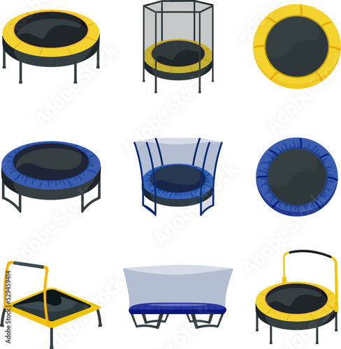 Trampoline icons set cartoon vector. Jumping park. Jump net