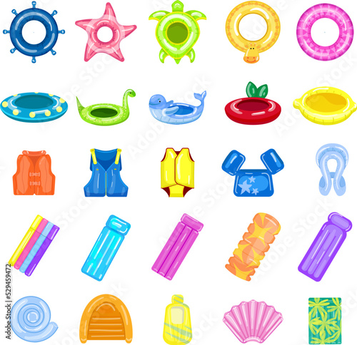 Pool equipment icons set cartoon vector. Snorkle pool. Swimming equipment