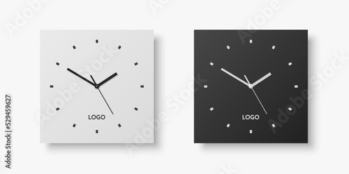 Vector 3d Realistic White, Black Square Wall Office Clock Set, Design Template Isolated on White. Dial with Roman Numerals. Mock-up of Wall Clock for Branding and Advertise Isolated. Clock Face Design