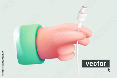 Hand holding charging cable. Realistic 3D design in cartoon style. Vector illustration.