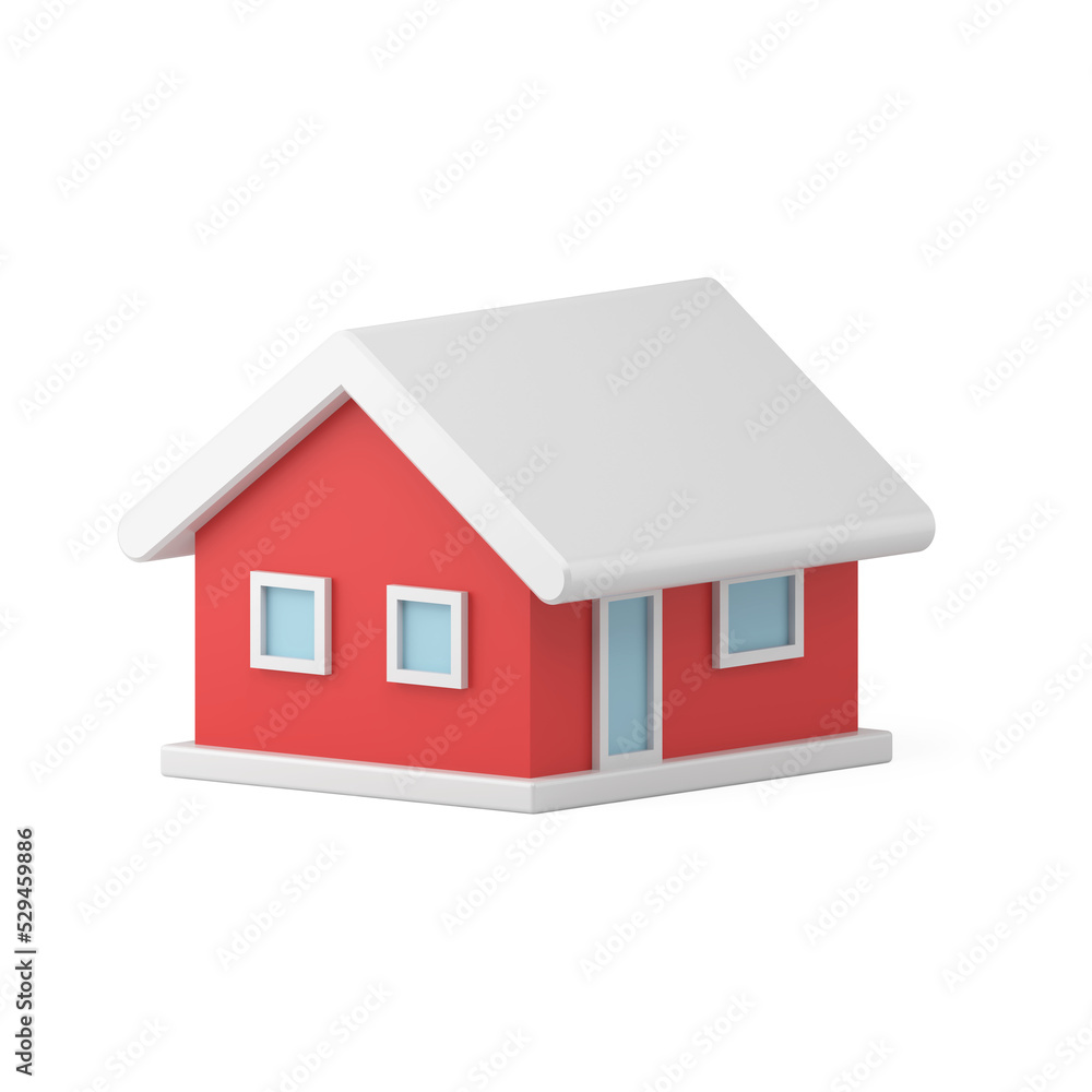 Festive snow covered toy house. Colorful 3d red building with white roof and windows Festive snow covered toy house. Colorful 3d red building with white roof and windows