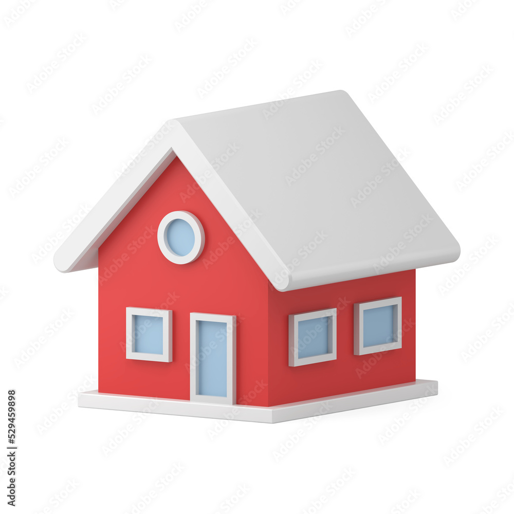 Colorful snow covered 3d house. Red christmas building with white roof and windows Colorful snow covered 3d house. Red christmas building with white roof and windows