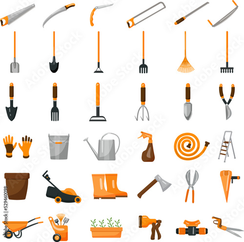 Gardening tools icons set cartoon vector. Garden inventory. Yard tools
