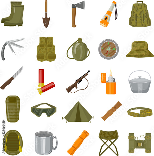 Hunting equipment icons set cartoon vector. Fishing camping. Adventure hunt