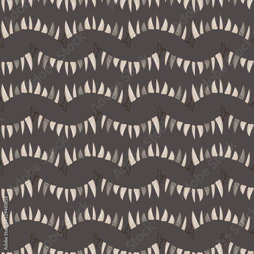 Seamless pattern with beads of fangs and teeth hanging from rope on dark background. Print with Halloween party decoration or necklace. Suitable for postcard, textile and design. Vector illustration