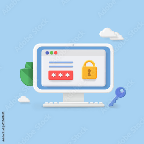 Personal data security. Data prrotection concept on computer screen with lock. 3D vector Illustration.