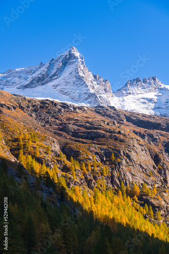 Autumn view of the Valsavaranche valley, from Pont, Valsavaranche, Valle d'Aosta, Italy