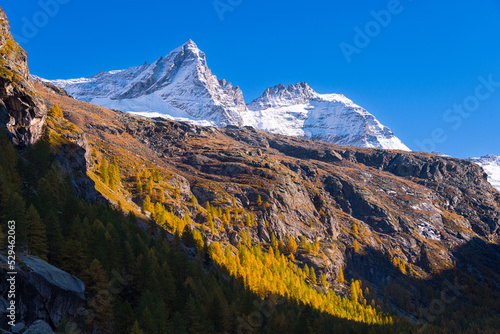 Autumn view of the Valsavaranche valley, from Pont, Valsavaranche, Valle d'Aosta, Italy