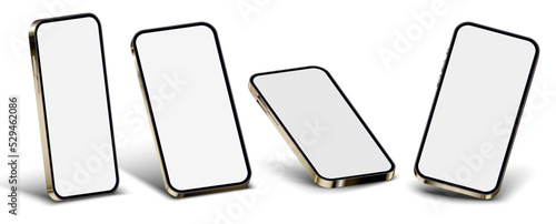 High quality realistic trendy no frame smartphone with blank white screen. Mockup phone for visual ui app demonstration. Vector mobile set device concept. Detailed Mockup Smartphone. Rotated position.
