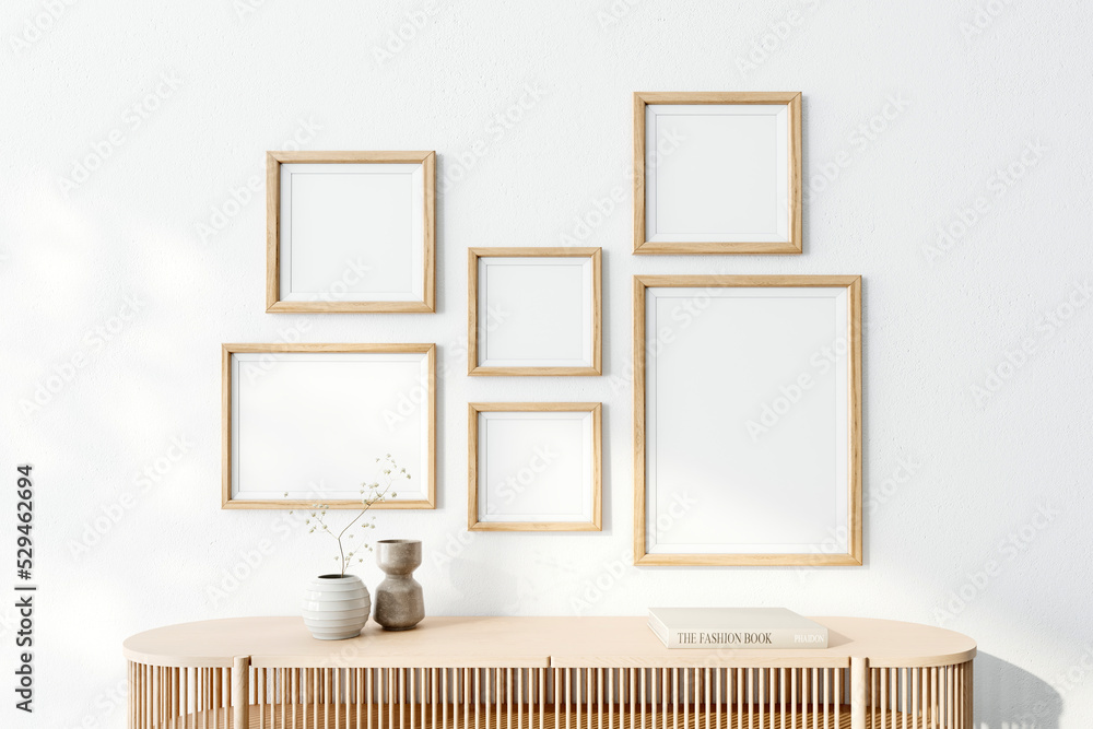Naklejka premium Poster arts mockup with wooden frames on white wall. 3d rendering, illustration 