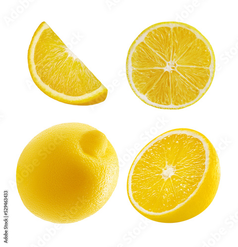 Set of lemon different pieces on transparent background. Whole fruit, half and a few juicy slices. Citrus fruit for cosmetics or organic food packaging design. Source of vitamin C. Cut out elements. photo