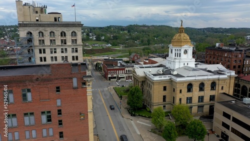 Closeup aerial view of the Marion County courthouse in Fairmont, WV.