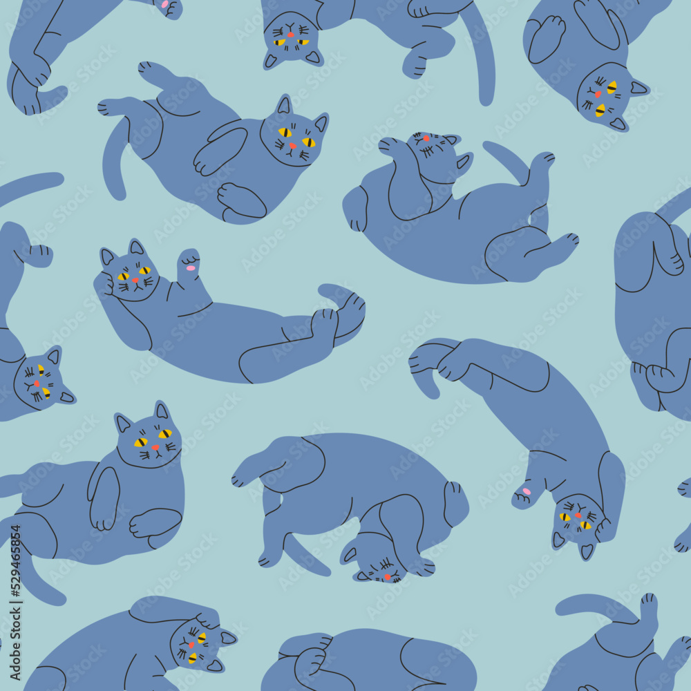 Blue playful Cats lying in various poses. Cozy, comfortable positions. Funny cute characters. Hand drawn modern Vector illustration. Square seamless Pattern. Background, wallpaper Blue playful Cats lying in various poses. Cozy, comfortable positions. Funny cute characters. Hand drawn modern Vector illustration. Square seamless Pattern. Background, wallpaper