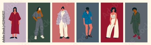 Set of young women dressed in stylish trendy clothes. Fashion look. Female models standing in various poses. Different clothing. Cartoon style. Fashionable ladies. Hand drawn Vector illustration