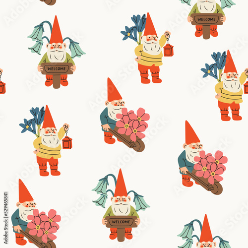 Set of Garden gnomes. Hand drawn modern Vector illustration. Poster, background, wallpaper, design template. Cute fairy tale characters. Garden elves. Cartoon style. Square seamless Pattern