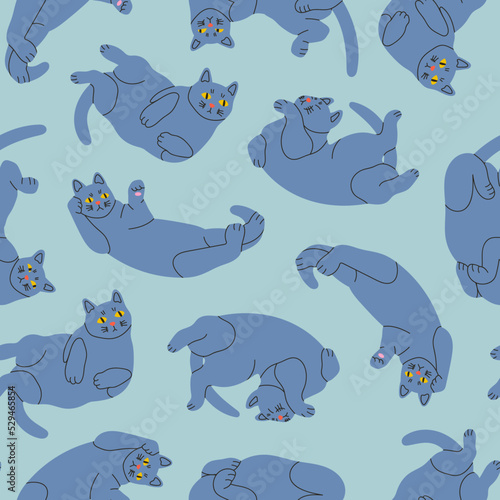 Blue playful Cats lying in various poses. Cozy, comfortable positions. Funny cute characters. Hand drawn modern Vector illustration. Square seamless Pattern. Background, wallpaper