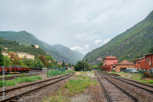 Breil-sur-Roya - railway station and mountains surround in Provence-Alpes, department of France