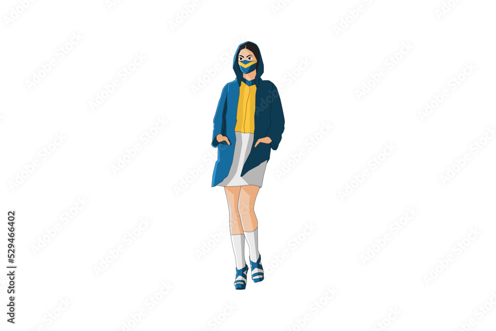 Vector illustration of fashionable women walking with mask