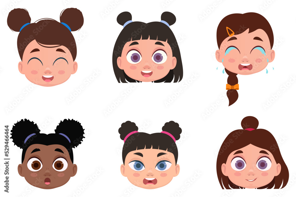 Set of faces, child emotions, shock, angry, cheerful, smiling, crying. Vector illustration Set of faces, child emotions, shock, angry, cheerful, smiling, crying. Vector illustration