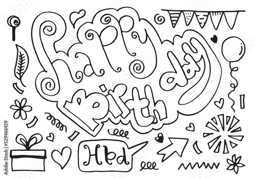 set of hand drawn doodle cartoon objects and symbols on the birthday party. © tedi