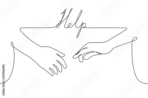 hands reaching out to each other and the inscription in italics "Help" - one line drawing vector. concept to offer and accept help