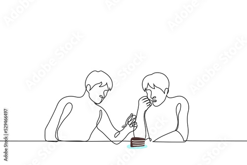 guys eat a piece of cake for two - one line drawing vector. concept sharing food with a sibling or friend, an expensive dessert