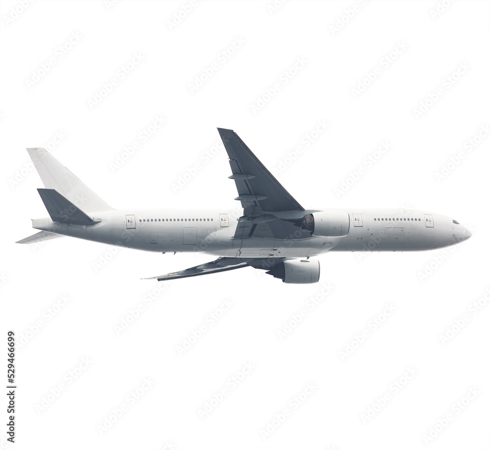 Obraz premium Passenger jet airliner / airplane in flight, isolated on pure white. Flip image to reverse direction.