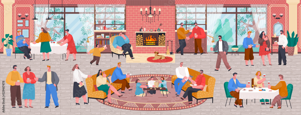 Home reception or house party, people eating and talking, children playing. Living room with fireplace interior, family and friends gathering. Characters having home dinner and speaking vector