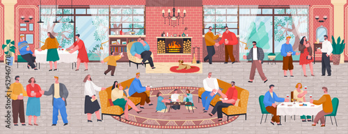 Home reception or house party, people eating and talking, children playing. Living room with fireplace interior, family and friends gathering. Characters having home dinner and speaking vector