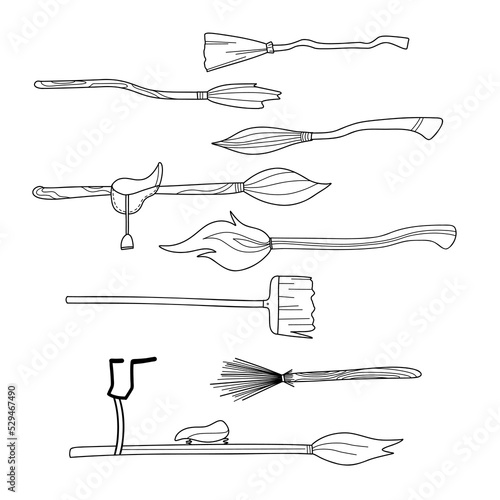 contour drawings, halloween elements set witch s broom