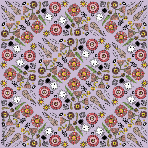 Pattern with stylized australian eucalyptus leaves and flowers, boomerangs and aborigenal symbols. Cartoon style concept to be used for pattern textile, wrapping paper, scrapbook paper.