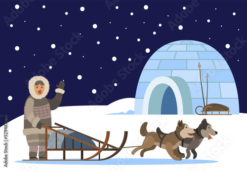 Arctic person using sledge with sled dogs traveling to settlement of inuits. Character waving hand to house. Snowing weather in north. Eskimo with domestic animals outdoors, vector in flat style