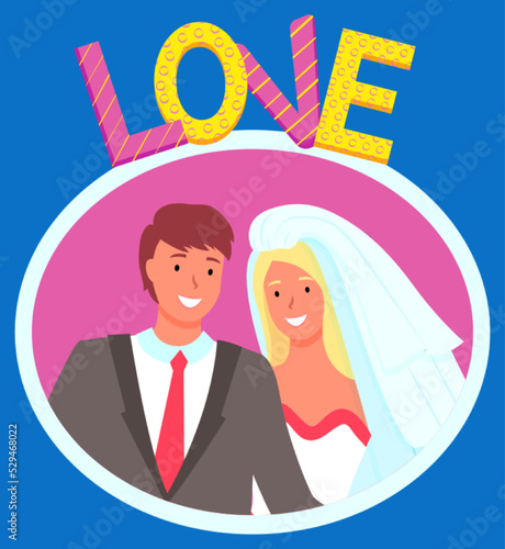 Bride and groom vector, isolated man and woman smiling on photo flat style characters on special day. Boyfriend and girlfriend wearing costume and veil, celebration of wedding. Photozone balloons