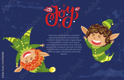 Joy postcard with funny elves characters jumping and tumbling. Winter holiday card with smiling gnome and text template on blue background with pattern. Christmas heroes and wishes on New Year vector