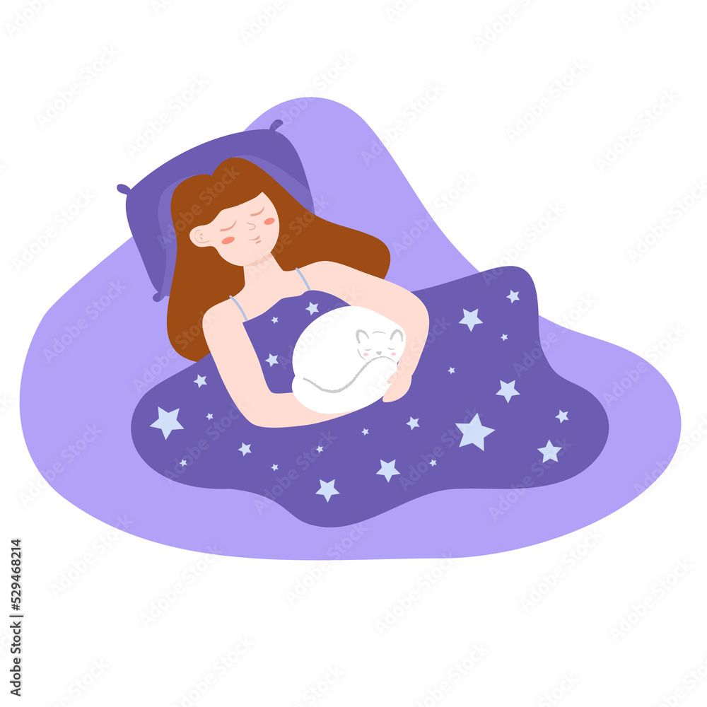 sleeping child with a cat in bed, illustration, bedtime Stock ...