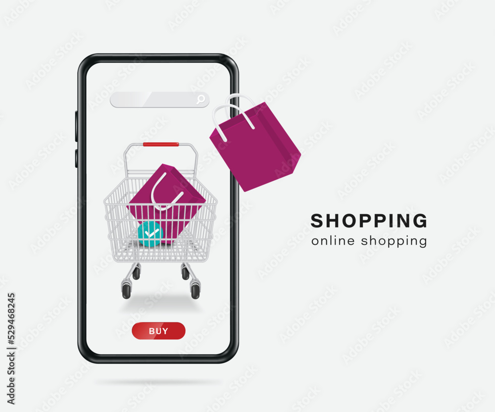 Purple shopping bag is placed in shopping cart and order confirmation icon is placed next to it and all on the smartphone screen,vector 3d isolated for delivery and online shopping concept design Purple shopping bag is placed in shopping cart and order confirmation icon is placed next to it and all on the smartphone screen,vector 3d isolated for delivery and online shopping concept design