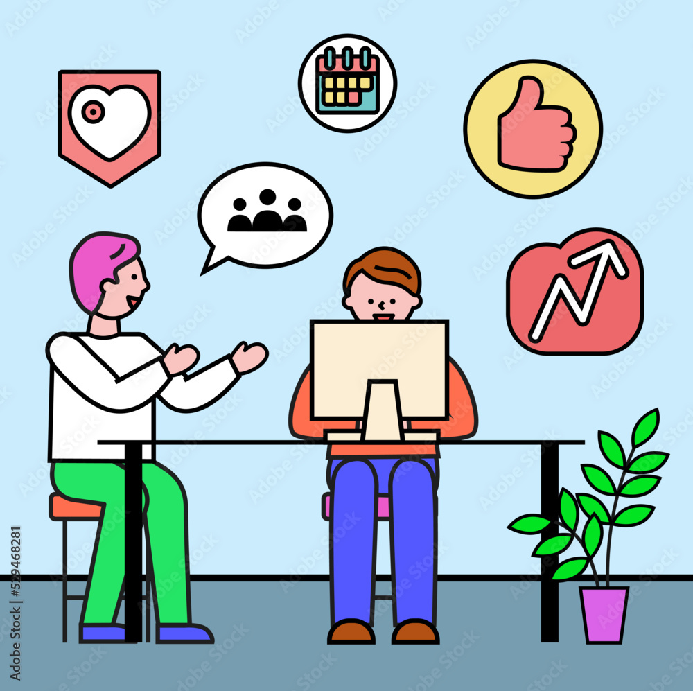 People working on new project. Teamwork of characters with laptop. Ideas of businessman boss and employee. Icons of calendar and heart, thumb up and increasing arrow vector in flat style illustration People working on new project. Teamwork of characters with laptop. Ideas of businessman boss and employee. Icons of calendar and heart, thumb up and increasing arrow vector in flat style illustration