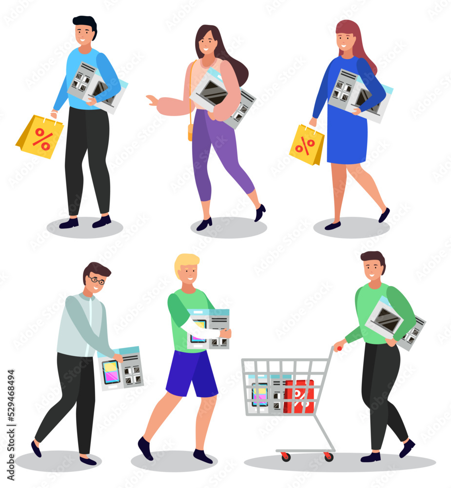 Set of shopping characters holding purchase. Man and woman with electronic appliances in hands. Isolated female with microwave oven. Male with trolley filled with bags. Sale and clearance vector