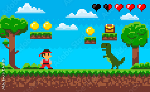 Duel of ninja and dragon characters on ground, green trees and grass, steps with coins and box, heart icon, screen of pixel game, adventure and war vector © robu_s