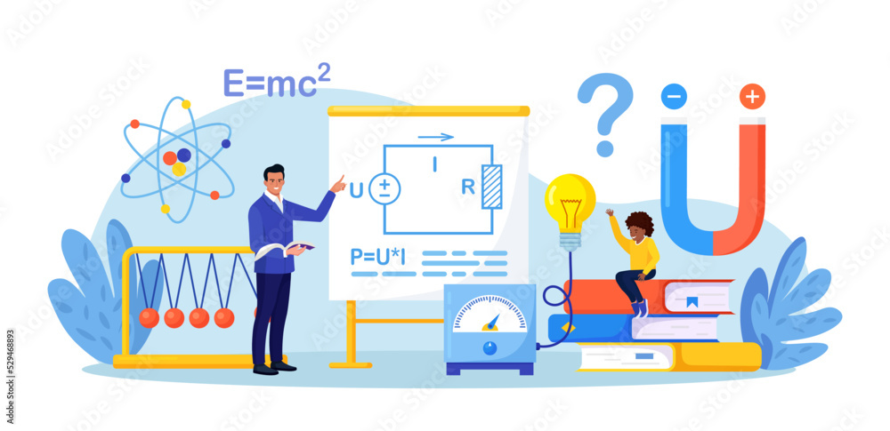 Physics school subject. Pupil studying electricity, magnetism, light wave and force in classroom. Teacher pointing at chalkboard, teaching kid. Child learn physical science. Theory, lab experiment