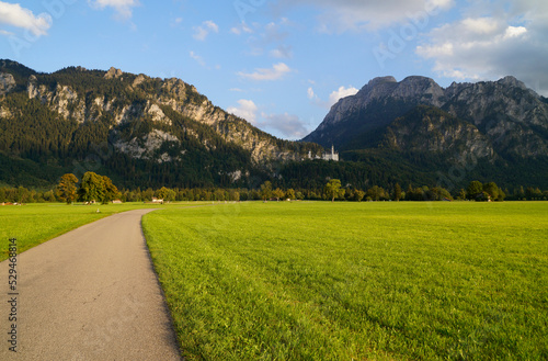 scenic, sunlit, lush green alpine meadows of the Schwangau village with the Alps in the background in the Allgaeu region in Bavaria