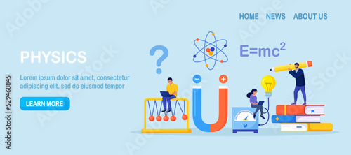 Physics school subject. Scientists explore electricity, magnetism, physical forces, electromagnetic field. Theoretical, practical lesson. Physics courses experiment. People studying electricity energy