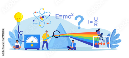 Physics school subject. Scientists explore electricity, light wave, magnetism, forces. Theoretical and practical study. Physics lesson and scientific experiment in laboratory. Physical science