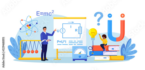 Physics school subject. Pupil studying electricity, magnetism, light wave and force in classroom. Teacher pointing at chalkboard, teaching kid. Child learn physical science. Theory, lab experiment