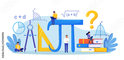 Math Science Concept. Tiny Students Characters in Lab or School Class Learning Mathematics. People Studying Arithmetics, Algebra. Science, Engineering Education. Maths Analysis, Conjecture Computing