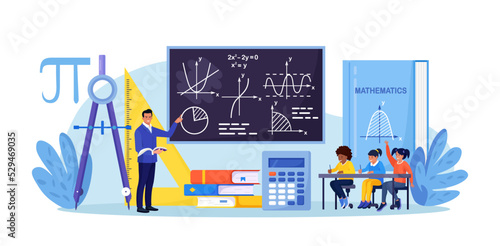 Math school subject. Pupils studying mathematics in classroom. Teacher pointing at chalkboard, teaching kids. Children at desks learn maths, arithmetics, algebra and geometry. Education, knowledge