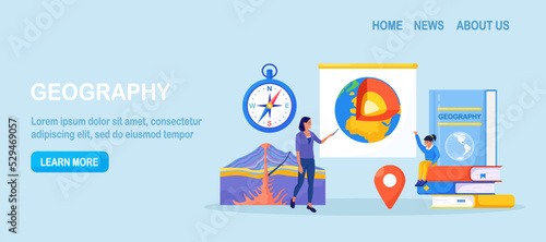 Geography school subject. Pupil studying geology in classroom. Teacher pointing at chalkboard, teaching kids. Student learn earth mantle. Biosphere, geosphere, lithosphere, asthenosphere. Earth inside